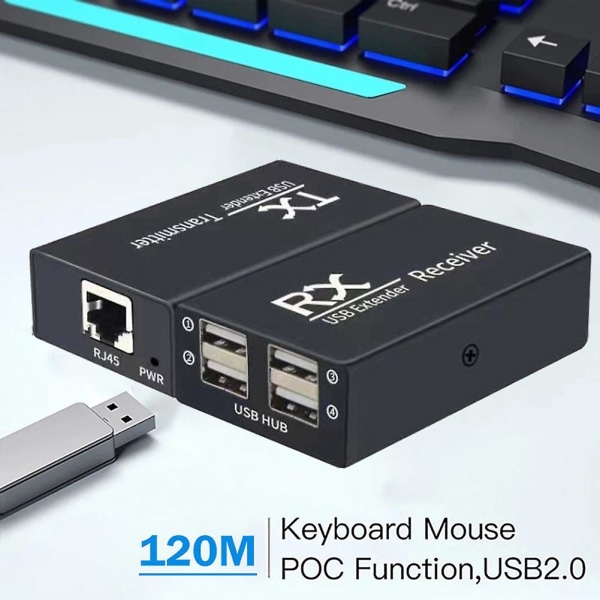 120M USB Extender 4 Port USB1.1 Hub Extender over RJ45 Ethernet USB UTP Extension Sender Modtager-EU stik Black
