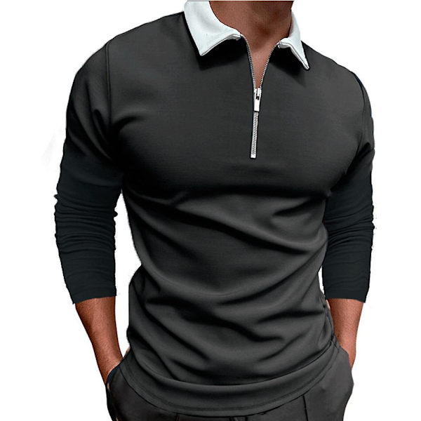 Miesten pitkähihainen rento urheilullinen vetoketjullinen poloshirtti Dark Grey M