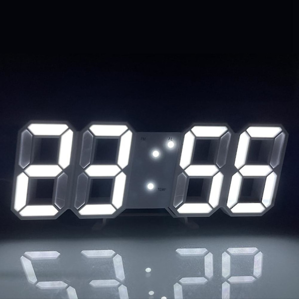 Digital 3D LED Vägg-/Skrivbords Klocka Alarm Stora Siffror Automatisk Ljusstyrka USB Temperatur White