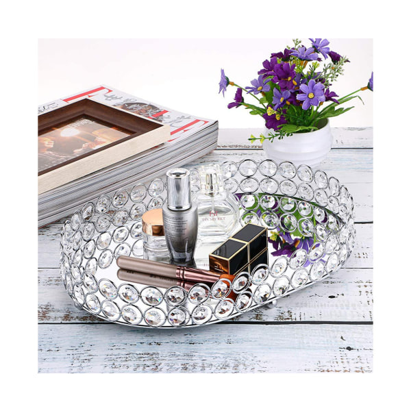 Spejlet krystal makeupbakke, udsmykket smykkepynt dekorativ bakke Kosmetisk parfume display arrangørbakke, bakke til boligindretning - sølv