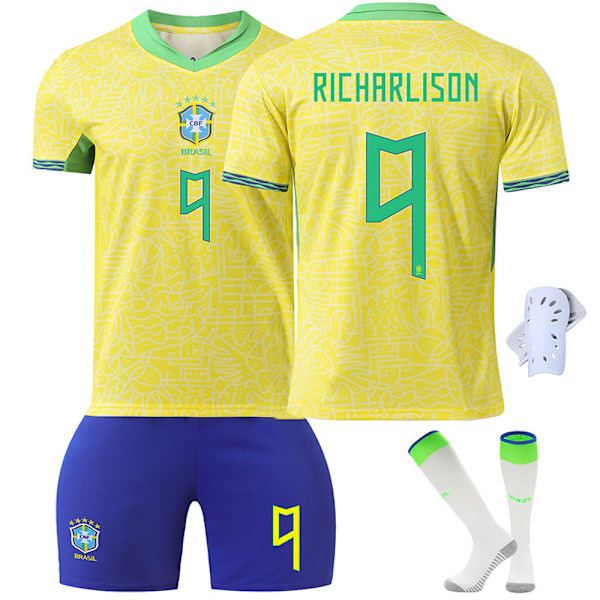 24-25 Brasil hjemmefotballdrakt kortshorts fotballuniformsett+sokk+beskyttelsesutstyr-Richarlison 16(90-100cm)