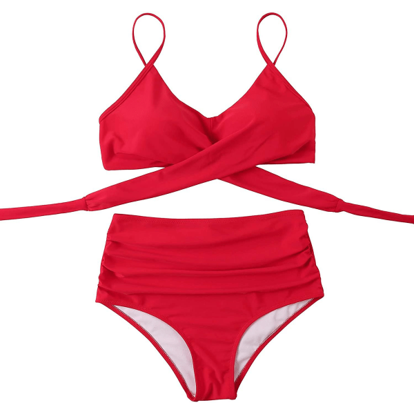 Naisten Ristiinasetetut Push Up Uimapaidat Vatsan Kontrolloivat Halter Bikinit Korkeavyötäröiset Uimapuvut Kaksi Osainen Uimapuvut Red-1 Medium