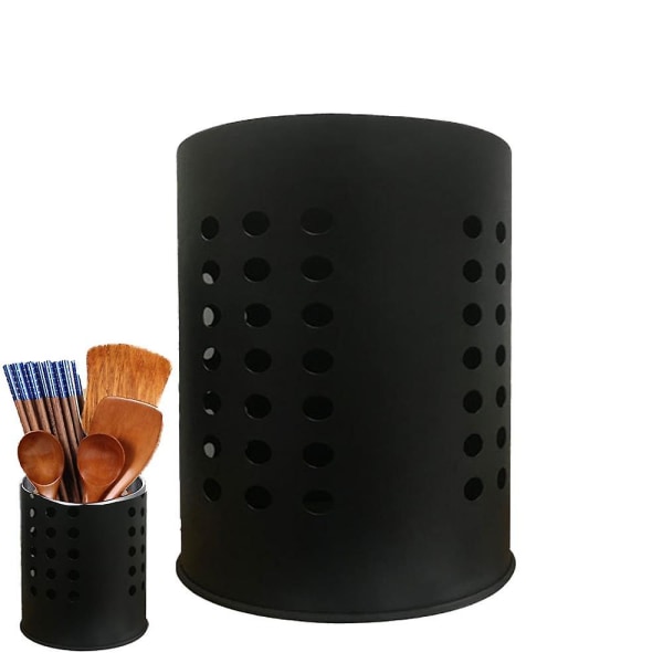 Bestickshållare i Rostfritt Stål, Köksredskapstorkcylinder med Avloppshål, Köksredskapshållare Black Small