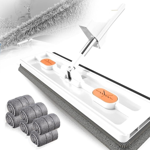 Stor Platt Moppset, 360° Swivelmopp med Urvridningsfunktion, Platt Mopp med Återanvändbara Mikrofibermoppdynor Kompatibla med Trägolv Laminatplattor -hg White Mop with 6 Pads