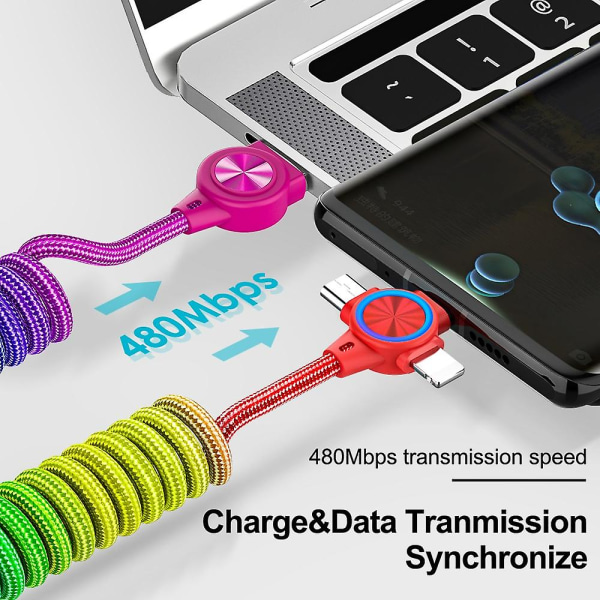 3a Fjærkabel Kompatibel med Iphone Micro 8 Pin Type-c Hurtiglader Uttrekkbar 3 in 1