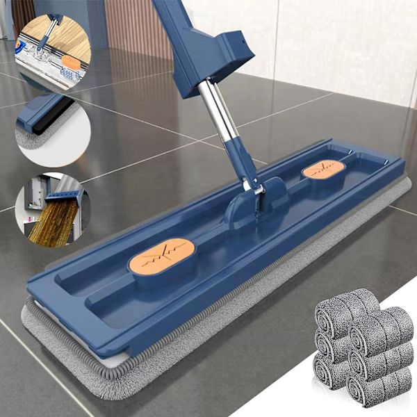 Stor Platt Moppset, 360° Swivelmopp med Urvridningsfunktion, Platt Mopp med Återanvändbara Mikrofibermoppdynor Kompatibla med Trägolv Laminatplattor -hg Blue Mop with 6 Pads