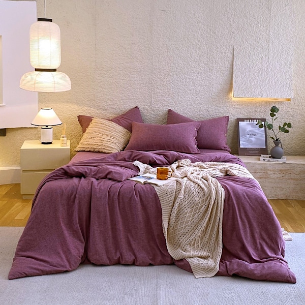 Tvättat bomull andningsbart enkelt enfärgat lakan täcke set lila 150x210（3pcs）