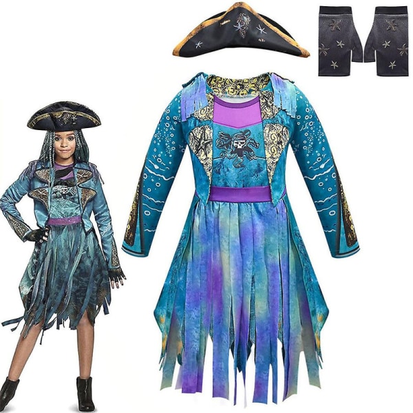 Descendants 3 Uma Cosplay Costume Kids Girl Pirate Hat Gloves Tassel Dress Outfit-Multicolour 9-10 Years