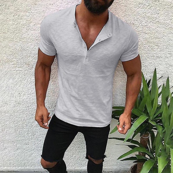 Mænds T-shirt Korte Ærmer Henley Skjorte Sommer Tops Grey S