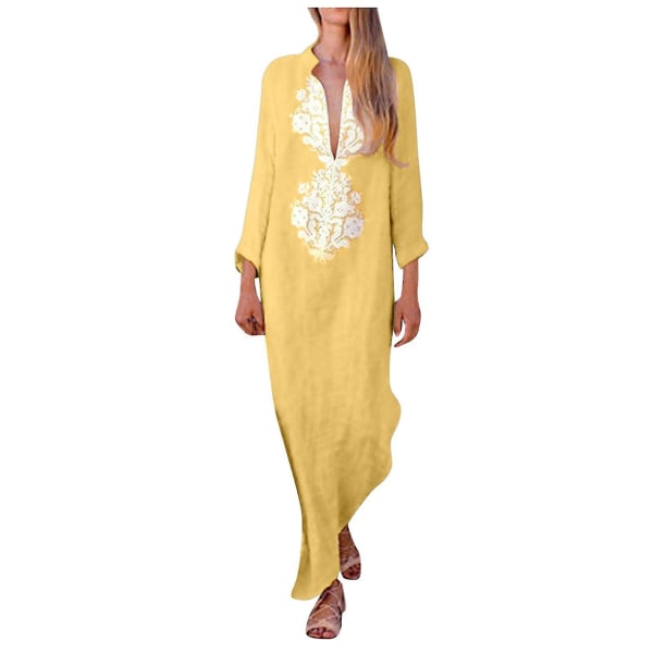 Printed långärmad klänning med V-ringad klädd fåll Baggy Kaftan lång klänning Yellow L