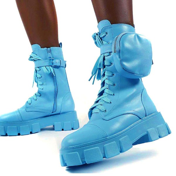 Dame Combat Ankelstøvler Chunky Platform Snørebånd Lynlås Biker Sko -ge Light Blue 38