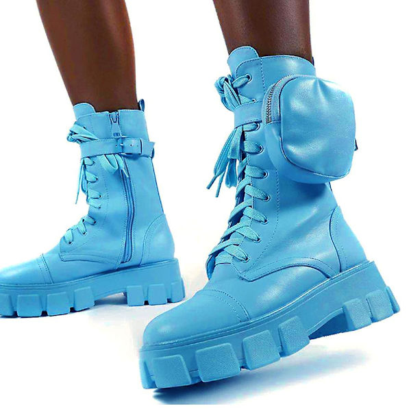 Dame Combat Ankelstøvler Chunky Platform Snørebånd Lynlås Biker Sko -ge Light Blue 42