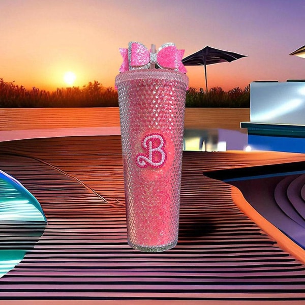 Ny Barbie rosa akrylkopp, med halm, diamantbeläggning, dubbelvägg, återanvändbar blingkopp, 710 ml, -ES 710Ml Blue Pink Gradient
