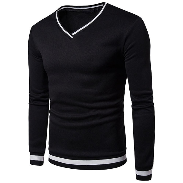 Herrtröjor V-hals långärmad Colorblock Pullover Casual Sweatshirt Black 2XL