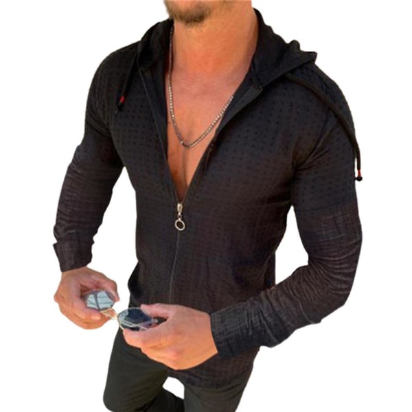 Herrar Casual Långärmad Zip Huvtröja Ytterplagg Jogging Sport Toppar Black M