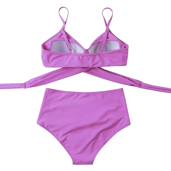Kvinder Criss Cross Push Up svømmeoverdele Mavekontrol Halter Bikini Højtaljede badedragter Todelte badedragter Purple Large