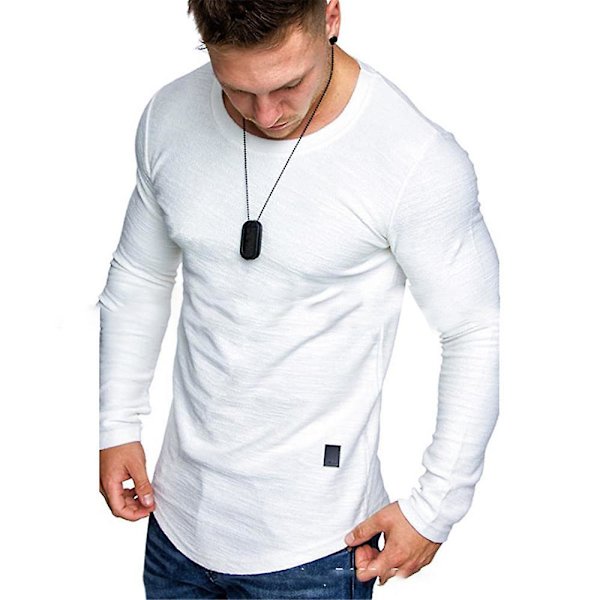 Herrtröjor Solid Crew Neck Långärmad T-shirt Sport Toppar White 2XL