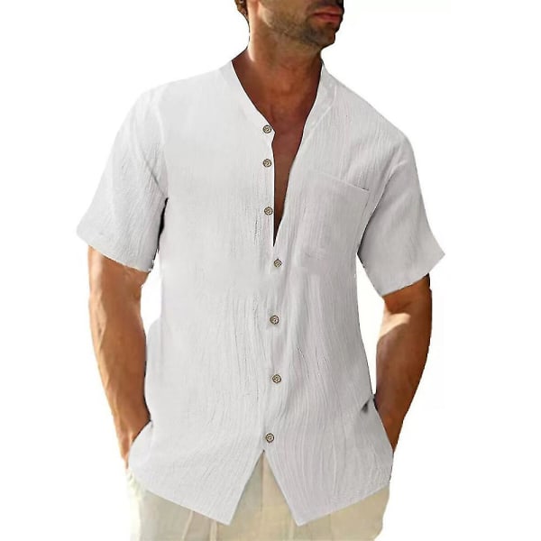 Herre Summer Stand Collar Shirts Kortærmede Button Shirts Holiday Toppe White 2XL