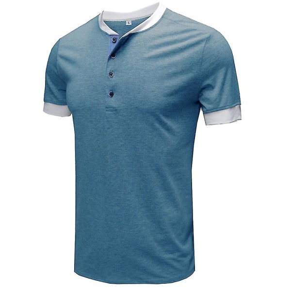 Mænds Falske To-Delte Henley T-shirts Kortærmet Sommer Toppe Blue 2XL