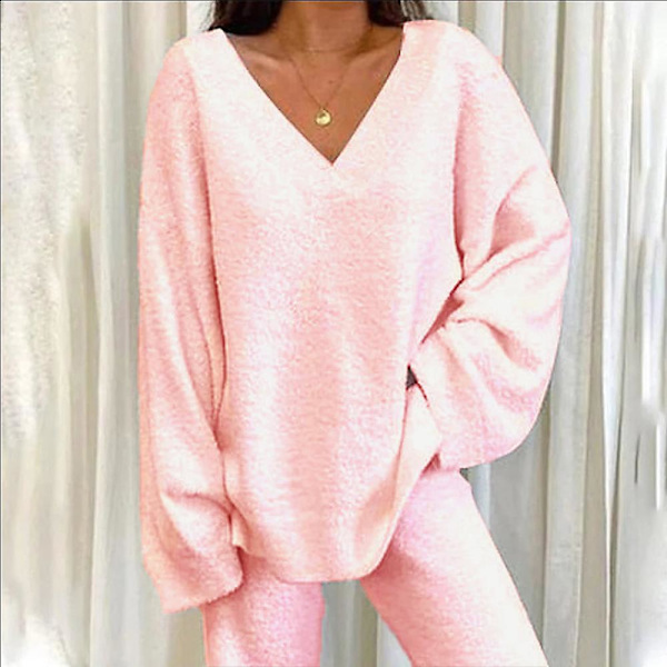 2-pack Damträningsset med V-ringad lös topp + långa byxor Loungewear Pyjamas Set Pink XL