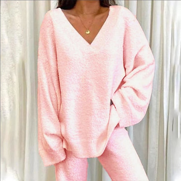 2kpl/ set Naisten Yksinkertaiset Verryttelypuvut Set V-pääntie Löysät topit+pitkät housut Loungewear Pyjamasetit Pink M