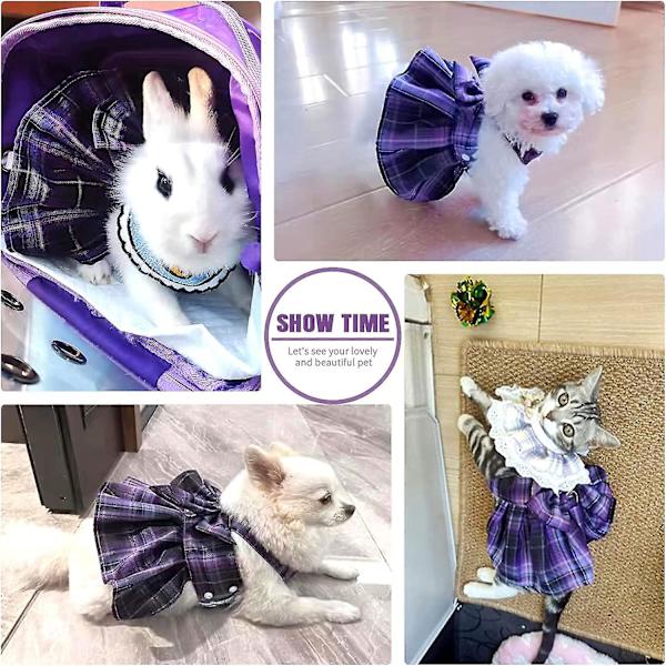 Ruudullinen koiran mekko rusetti koiran vaatteet tytöille säädettävät pentujen kesämekot hihnalla Lemmikkivaatteilla, yhteensopiva kissojen kanssa -ES Purple L
