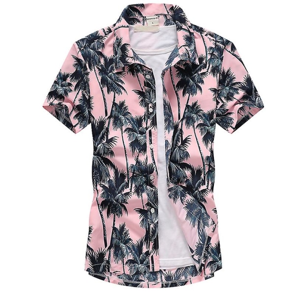 Herre Hawaiian Beach Shirt Kortermet Button Up Topper Pink L