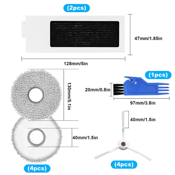 Tilbehørssett for Ecovacs Deebot T20 Omni/T20/T20 Max/T20 Pro robotstøvsugere HEPA-filtre Sidebørster Moppekluter