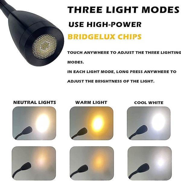 12v-24v LED-leselys, Rv-dimbar leselampe med usb-lader, for camperreiser lastebilhenger Rv nattbordslys, 2stk-svart black