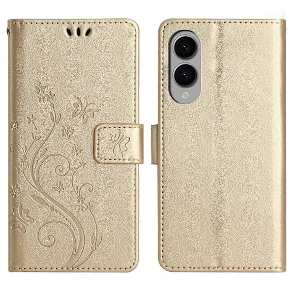 Læder Wallet Case med Sommerfugl og Blomster til Samsung Galaxy S25 Edge med Rem Multicolor Gold