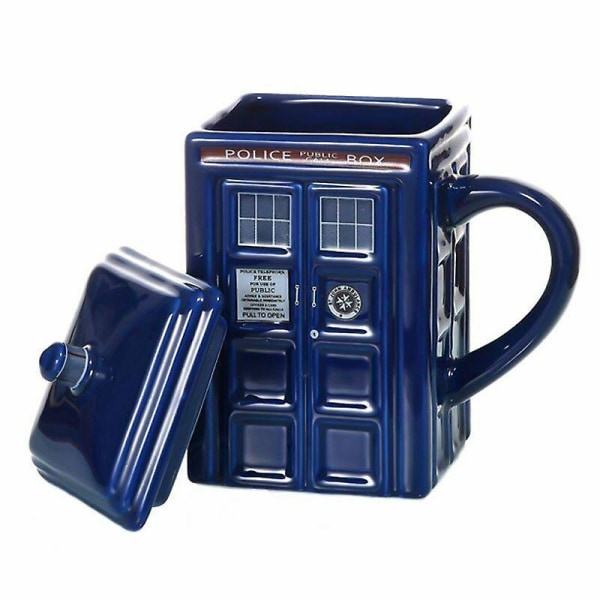 Doctor Who Tardis-krus Kaffe-te-kop Police Box Keramikkrus med lågdæksel Fødselsdagsgave