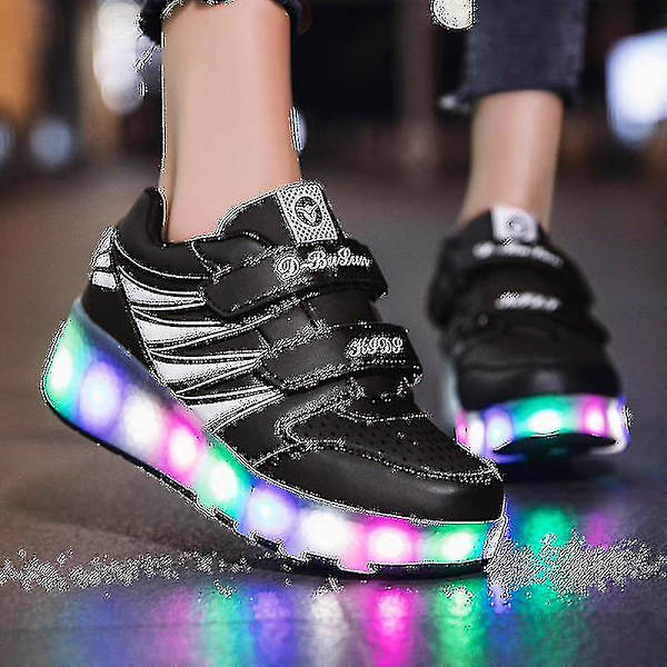 2023 Nya Led Light Up Roller Shoes Double Wheel USB Uppladdningsbara skridskoskor A -HG Black 31
