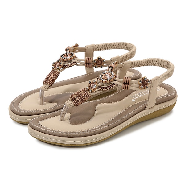 Sommarsandaler för dam 2025 Boho Chic - Vävd Platt Flip-Flop med Träpärlor Apricot 40