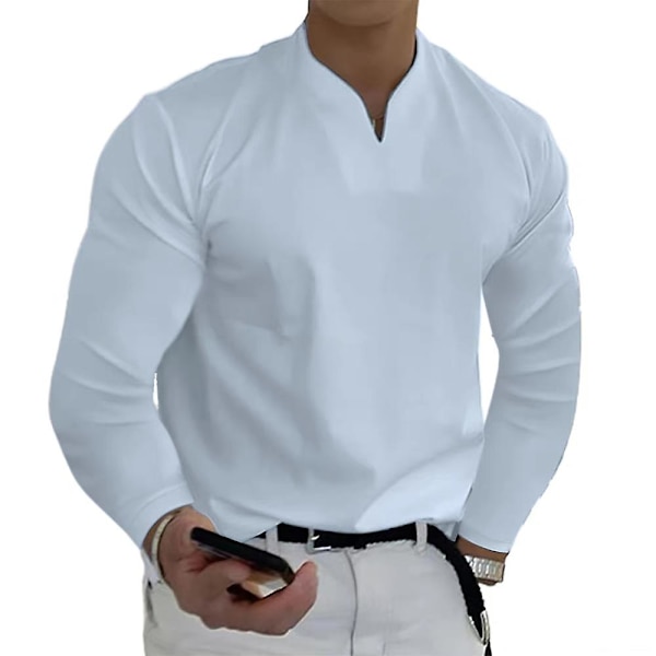 Menn V-hals Solid T-skjorte Casual Lang Erme Topper White M