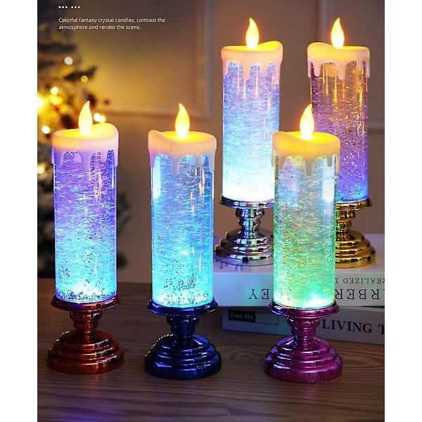 LED Magisk Ljusstake med 7 Färger Automatisk Byte USB Laddningsbar Vattentät Glitter Lågfritt Ljus -ES With Gold Pedestal
