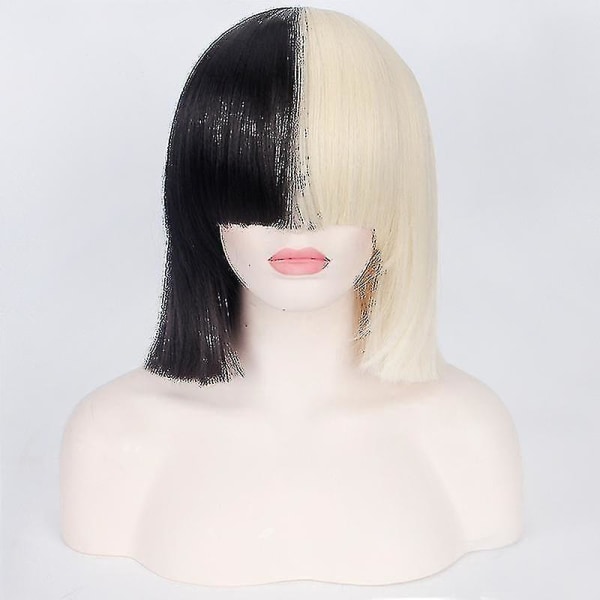 This Is Acting Sia Anime Cosplay Paryk Syntetisk Hår Kvinder Lige Halloween Halv Blond Sort Kort Bob Parykker Med Pandelok 35cm