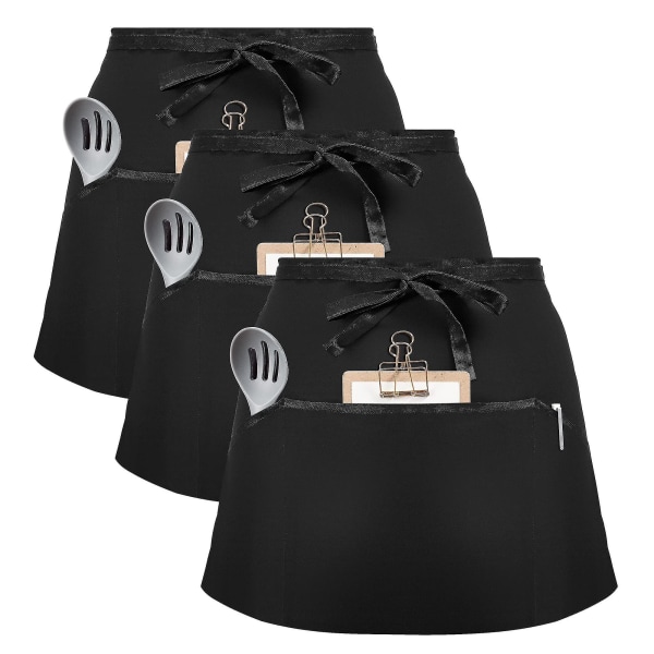 3-pak midjeforkle, svart servitør Servitrisforkle med 2 lommer Bistro Restaurant Hagearbeid Halvforkle for menn
