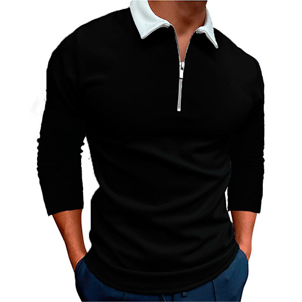 Miesten pitkähihainen rento urheilullinen vetoketjullinen poloshirtti Black M