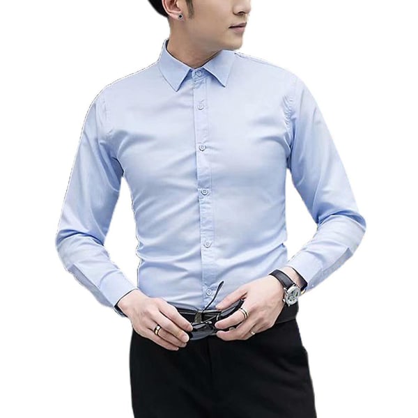 Herrar Slim Fit Skjorta Casual Business Knapp-Ner Skjortor Light Blue 2XL