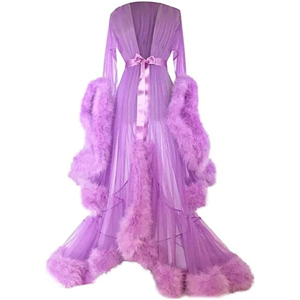 Kvinnors Lång Klänning med Släp och Fjäderprydda Vidare Ärmar - Perfekt för Möhippor Lavender 2XL