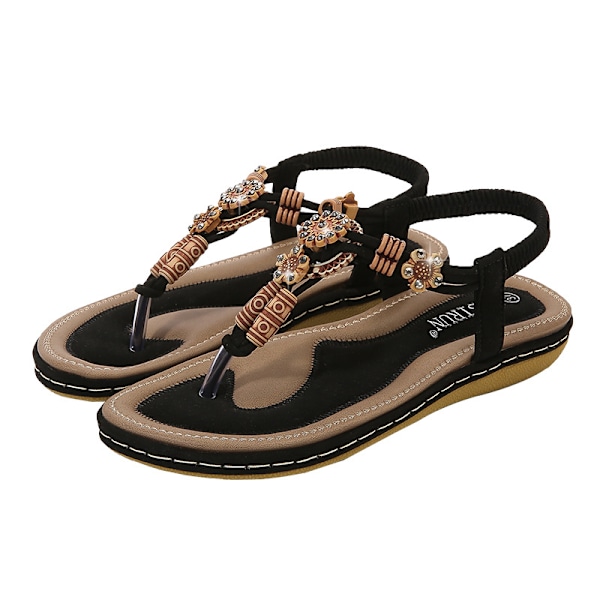 Sommarsandaler för dam 2025 Boho Chic - Vävd Platt Flip-Flop med Träpärlor Black 36
