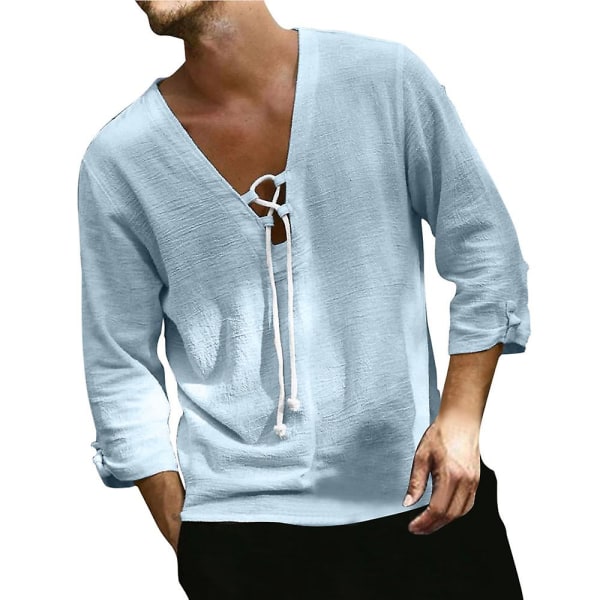 Sommer-skjorte for menn med V-hals og snøring - Casual ferie-skjorte Light Blue 3XL