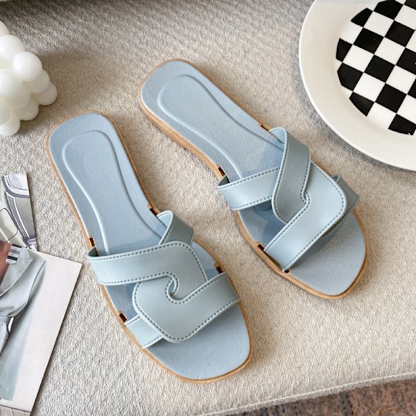 Sommartofflor för damer, utomhusbruk, koreansk stil Ins Web, modesandaler Light blue cross band 38-39