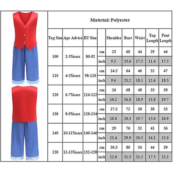 2-13 år Barn Anime One Piece Monkey D Luffy Cosplay Kostym Kläder Set Halloween Party Fancy Dress Presenter 8-9Years