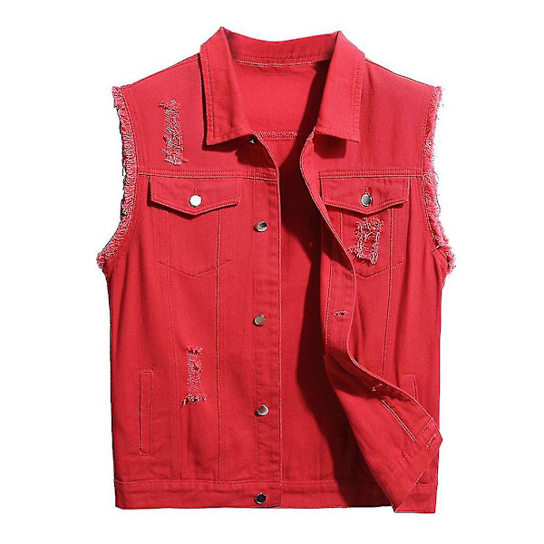 Herr Casual Ripped jeansväst Klassisk Trucker Button Down Ärmlös Jean väst -HG Red L