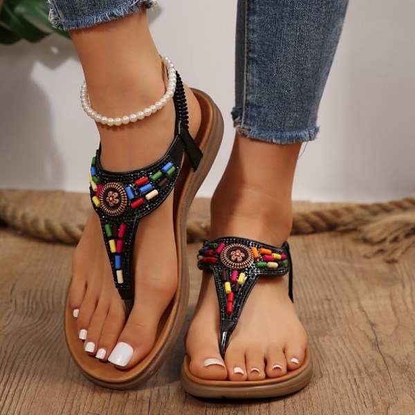 Boheemi-tyyliset litteät sandaalit naisille, Gladiator-varvassandaalit Black 38