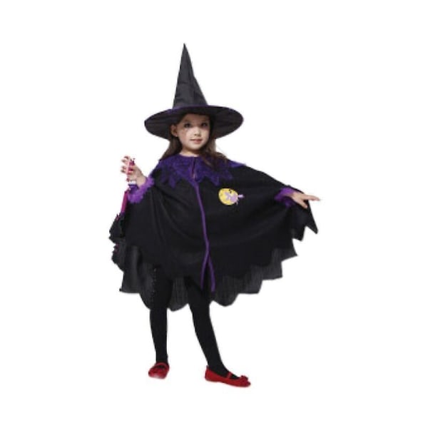 Børnepige Hexe Cosplay Halloween Fest Kostume Sæt Gave - Kappe Hat 110cm