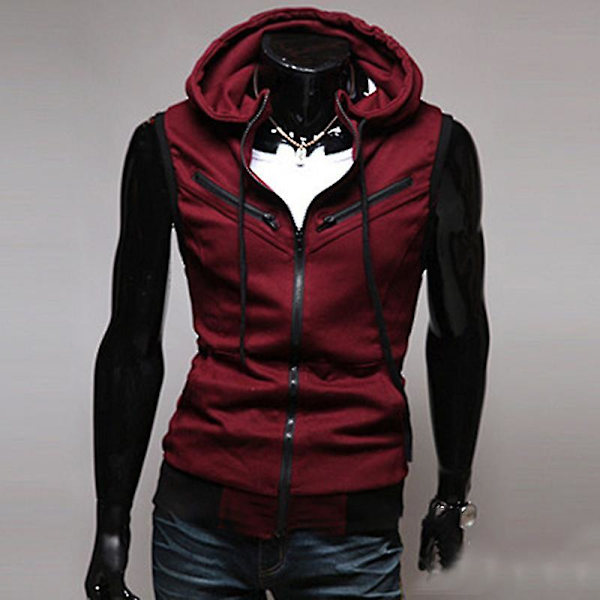 Herre Sommer Zip Up Hoodie Vest Ærmeløse Hætte Tank Tops Wine Red 4XL