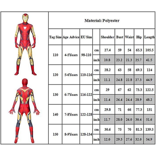 4-9-vuotiaille lapsille Marvel Avengers Iron Man -asu, cosplay-puvut, juhlapuvut, haalarit + pääpanta, hienot puvut, lahjapakkaukset 4-5 Years