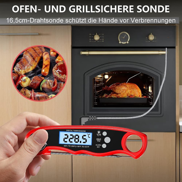 Snabbavläsande Kötttermometer för Grillning och Matlagning, Vattentät, Ultrasnabb, Bakgrundsbelyst Display, Kalibrering, Digital Matdetektor